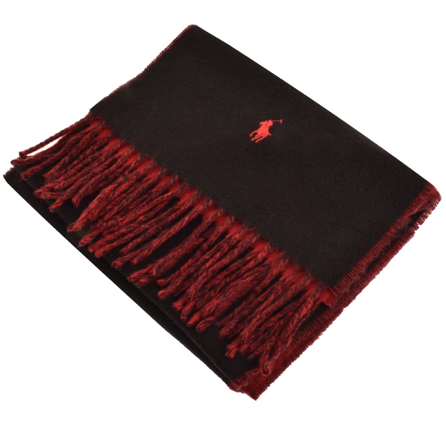 A black and red ralph lauren scarf with the polo logo on the end