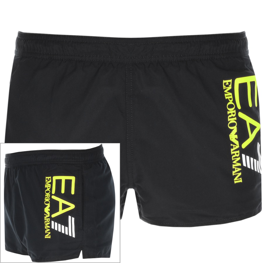 Black EA7 Emporio Armani swimming shorts with neon yellow EA7 logo running down one side